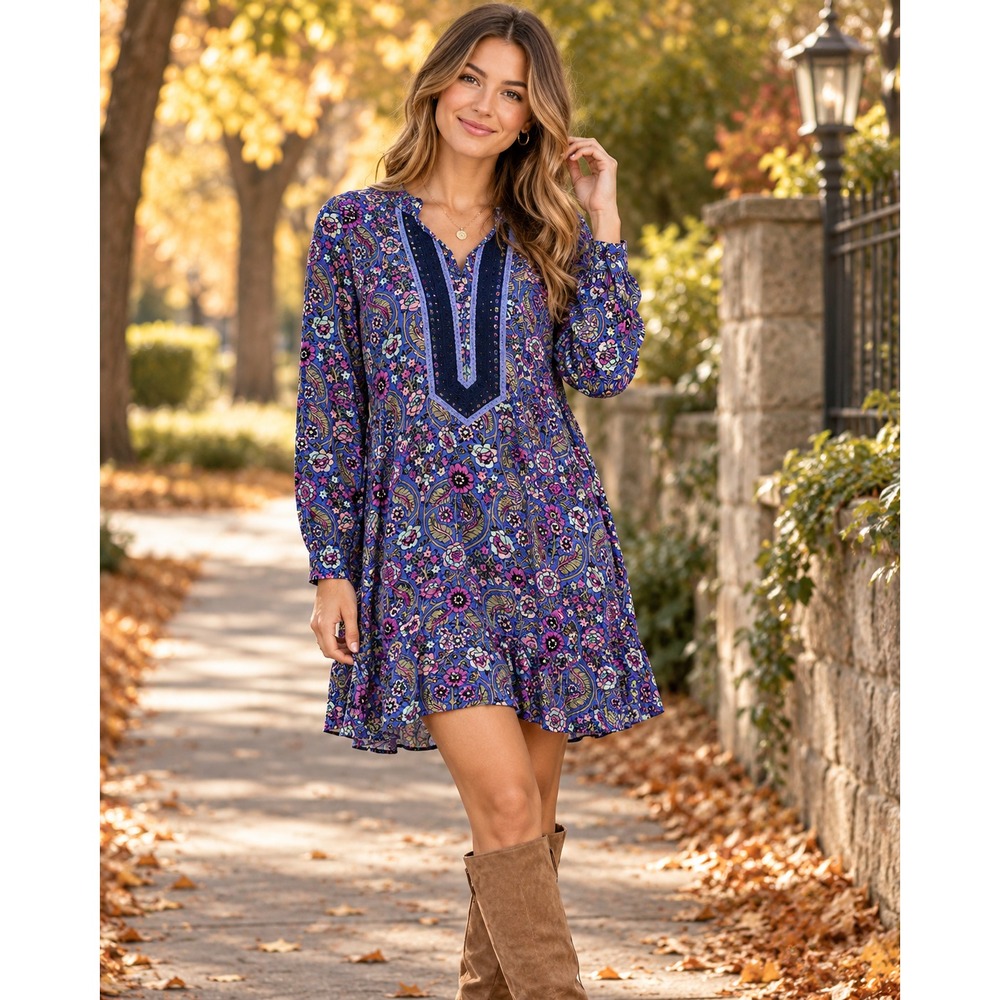 Matilda Jane Thoughts and Dreams Boho Floral Tunic Dress Purple Blue Size Medium